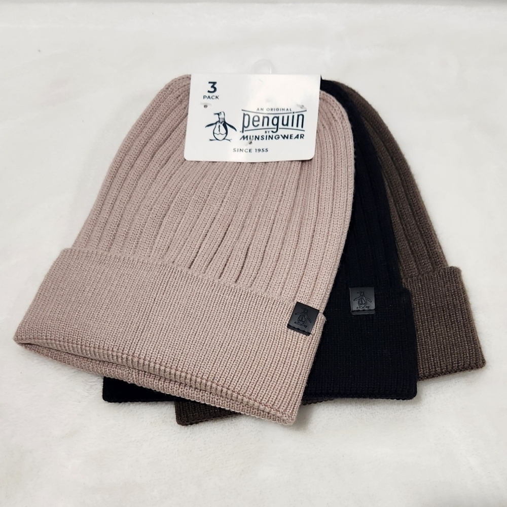 Penguin By Munsing Wear Tan Black Olive Green Ribbed Beanie Hats 3 Pack NWT